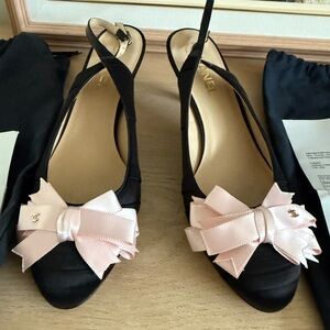 CHANEL Black and Pink Bow Slingback Heels